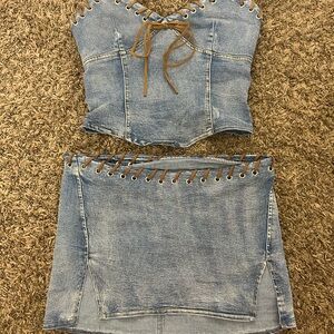 Fashion Nova Country Side Denim Skirt Set